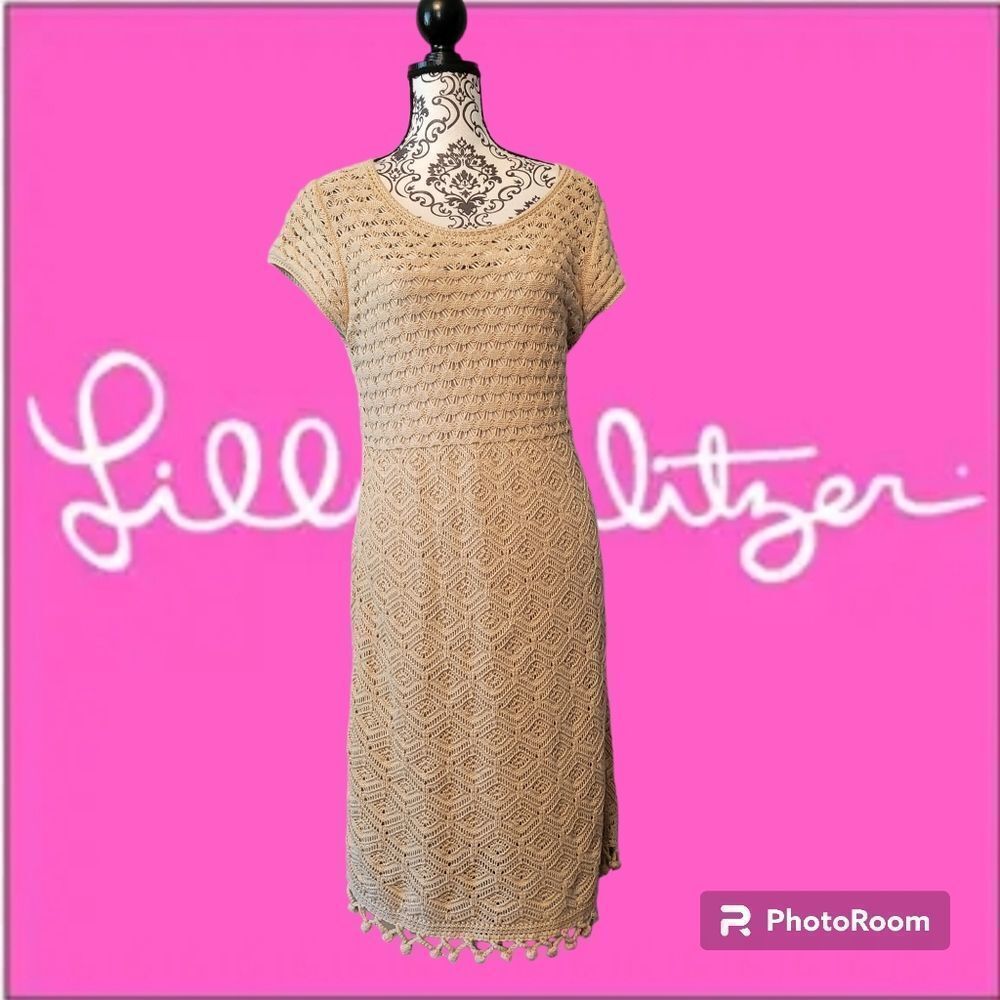 Lilly Pulitzer Paley Metallic Gold Knit Crochet Sweater Dress